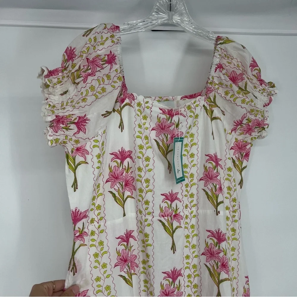 Islapayal Pink Floral Puff Sleeve Off-the-Shoulder Bohemian Midi Dress Small NWT - Picture 3 of 9